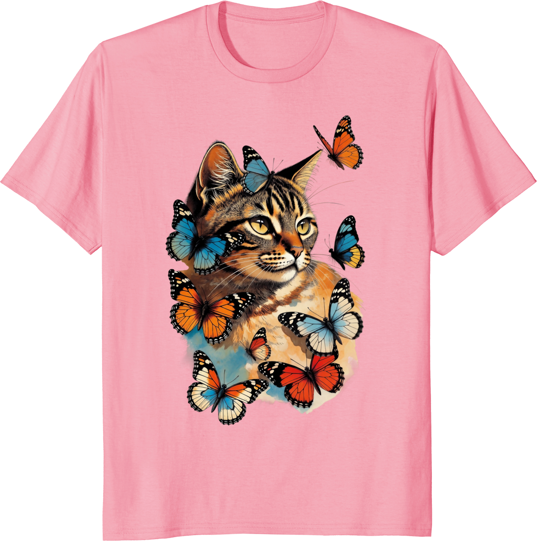 Funny cat with butterflies retro graphic on a t-shirt - pink