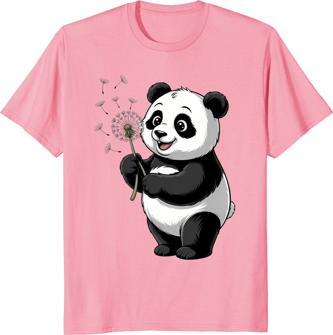 Cute panda holding a dandelion flower on a t-shirt - pink