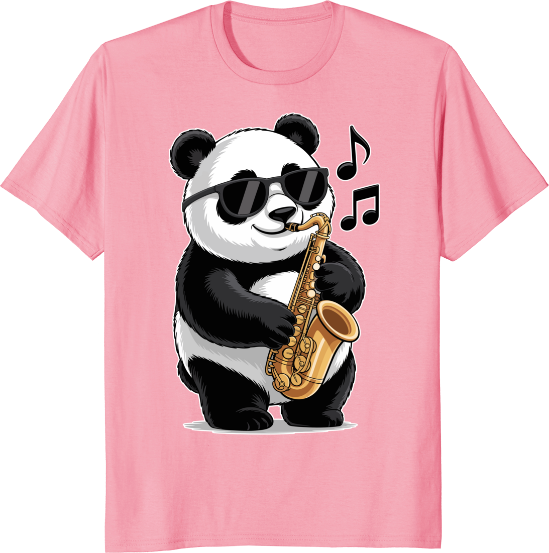 Funny panda playing saxophone on a t-shirt. - pink