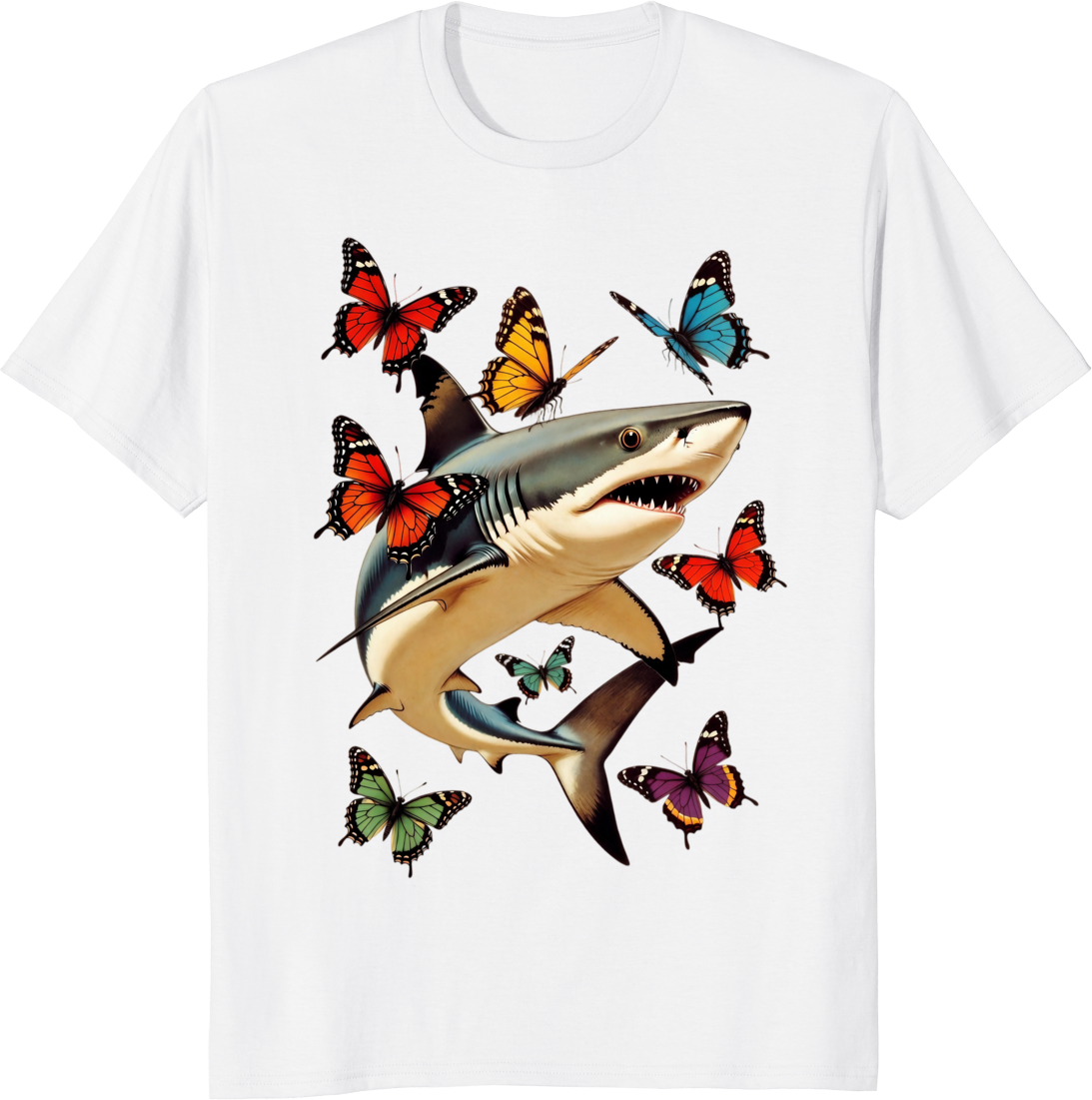 Funny shark with butterflies retro graphic t-shirt - white