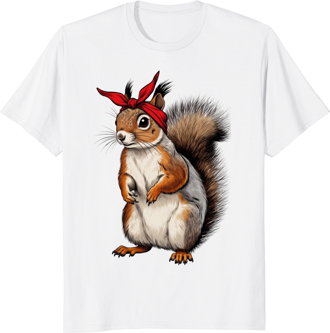 Funny squirrel wearing a red bow bandana on a t-shirt. - white
