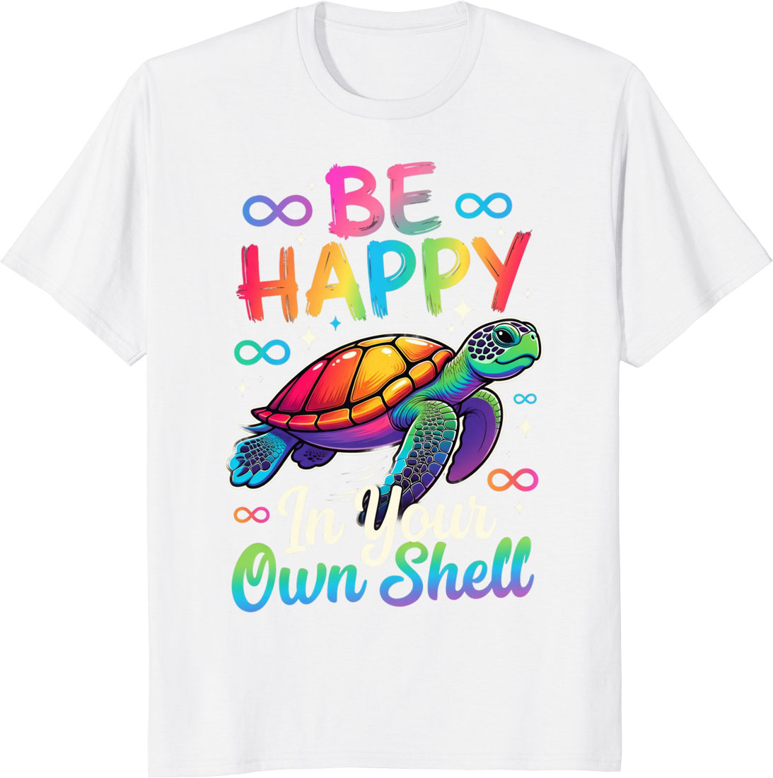 Rainbow autism awareness turtle graphic on a white t-shirt - white
