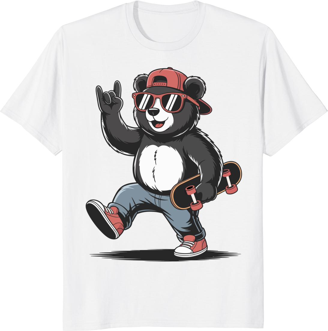 Funny bear skateboarding t-shirt with bear riding a skateboard on a vibrant background - white