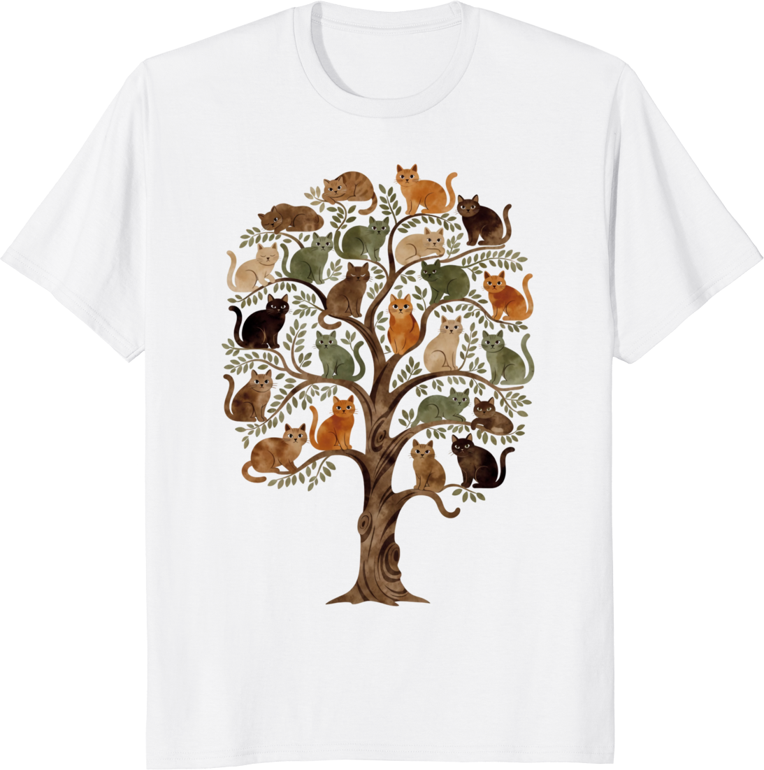 Cosmic cat perched on a world tree illustrated on a T‑shirt - white