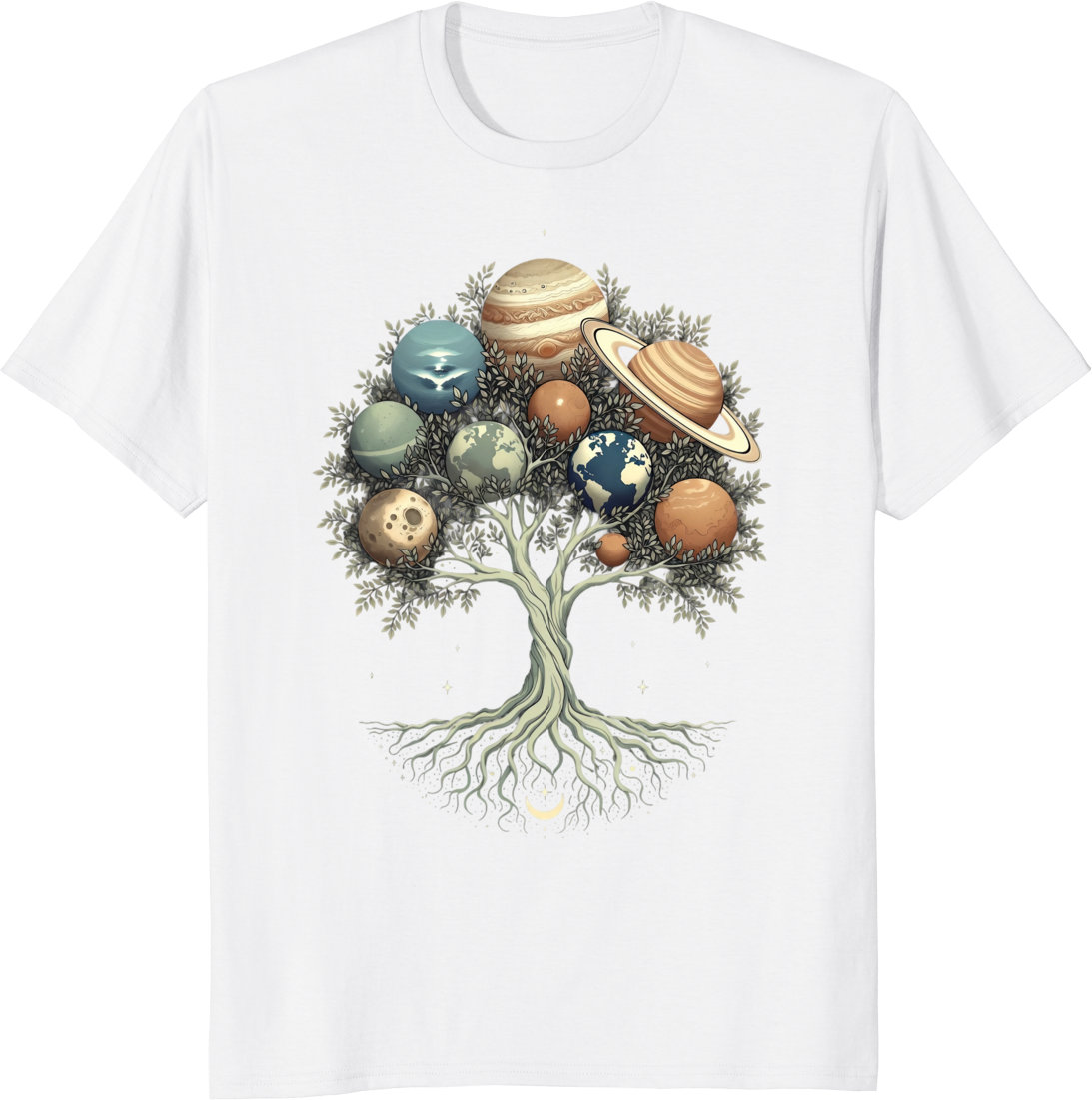 Solar System Tree of Life t-shirt featuring celestial planets design. - white