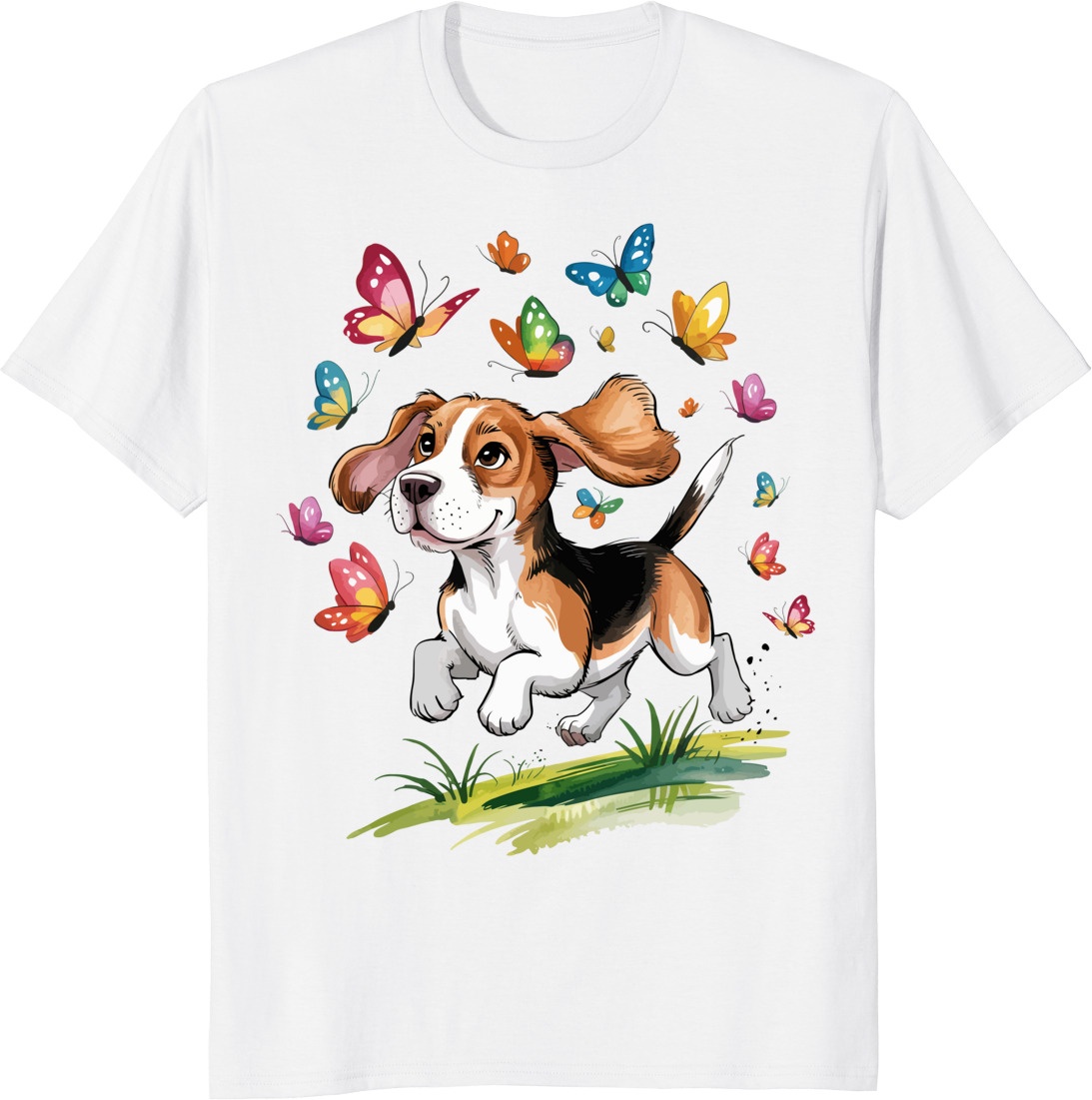 Funny beagle dog surrounded by butterflies on a t-shirt - white