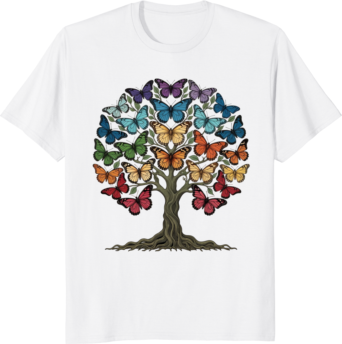 Mystical Monarch Tree with colorful butterfly wings graphic on a t-shirt - white