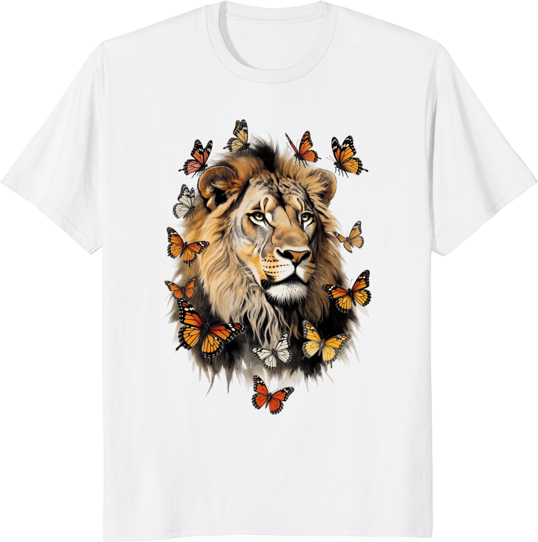 Unisex t-shirt featuring a retro graphic of a lion surrounded by butterflies - white