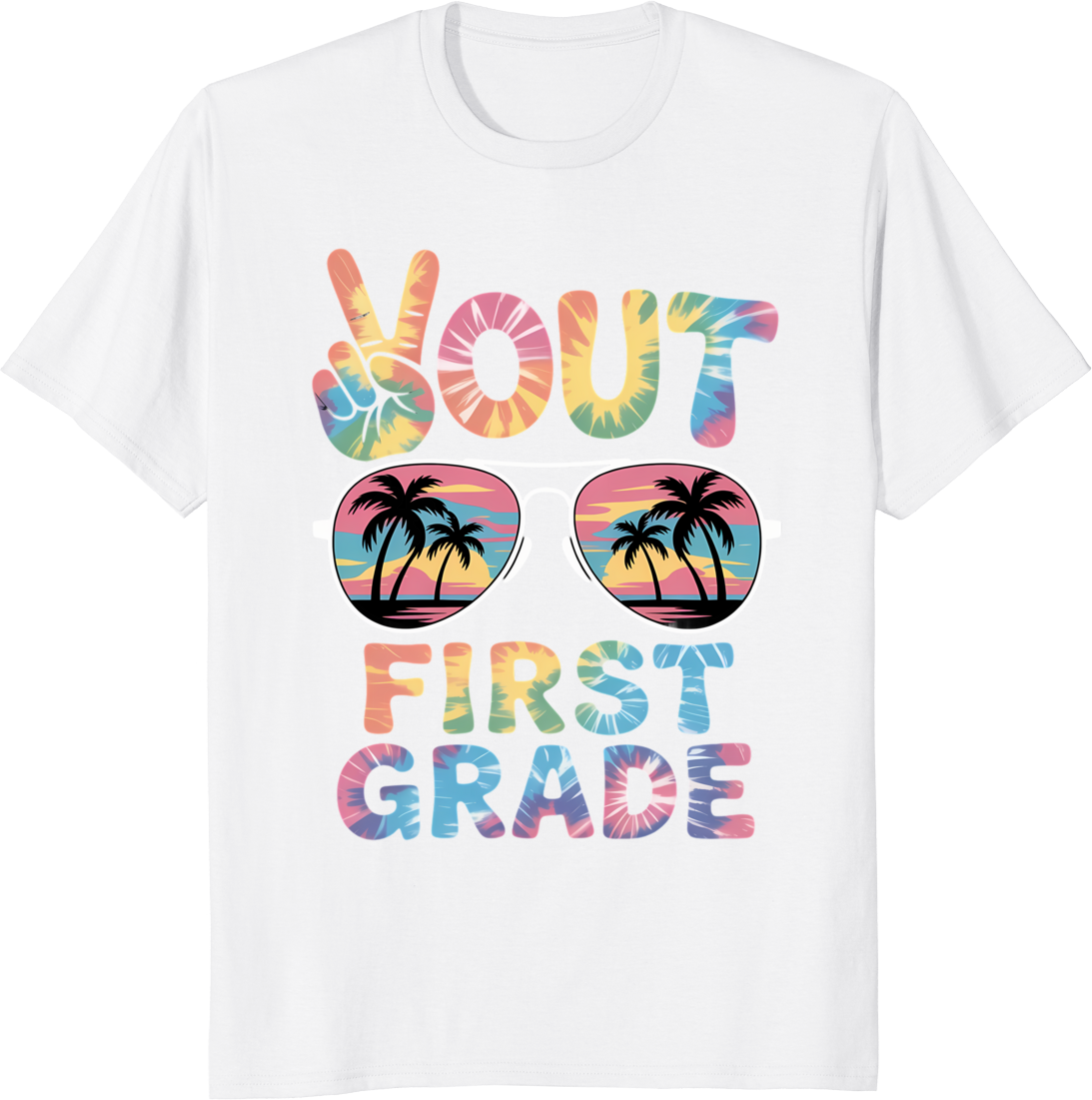 Retro tie‑dy t‑shirt design celebrating last day of first grade school - white