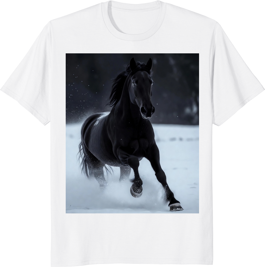 Black horse running across snowy terrain on a t‑shirt - white