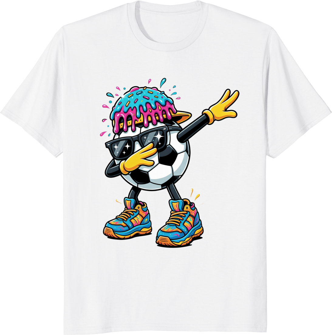 Funny soccer ball dabbing character wearing sunglasses on a t-shirt - white