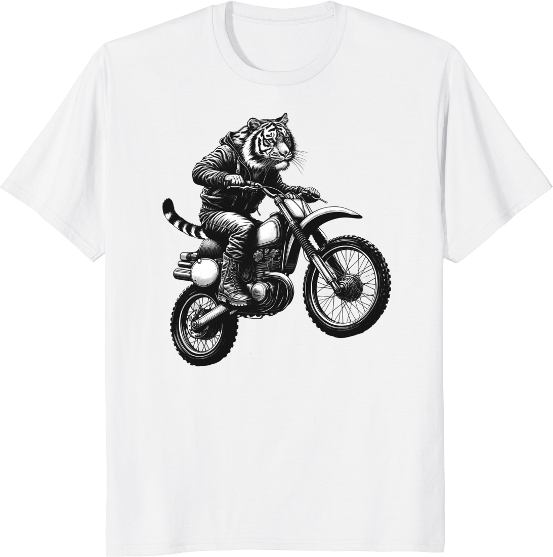 Funny vintage tiger riding a dirt bike on a motocross track – T-shirt design - white