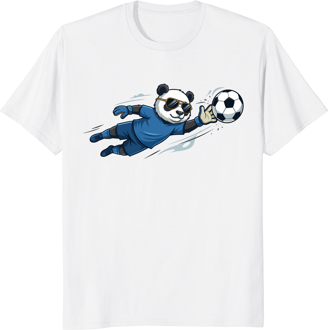 Cartoon panda wearing goalkeeper jersey and sunglasses on a t-shirt - white