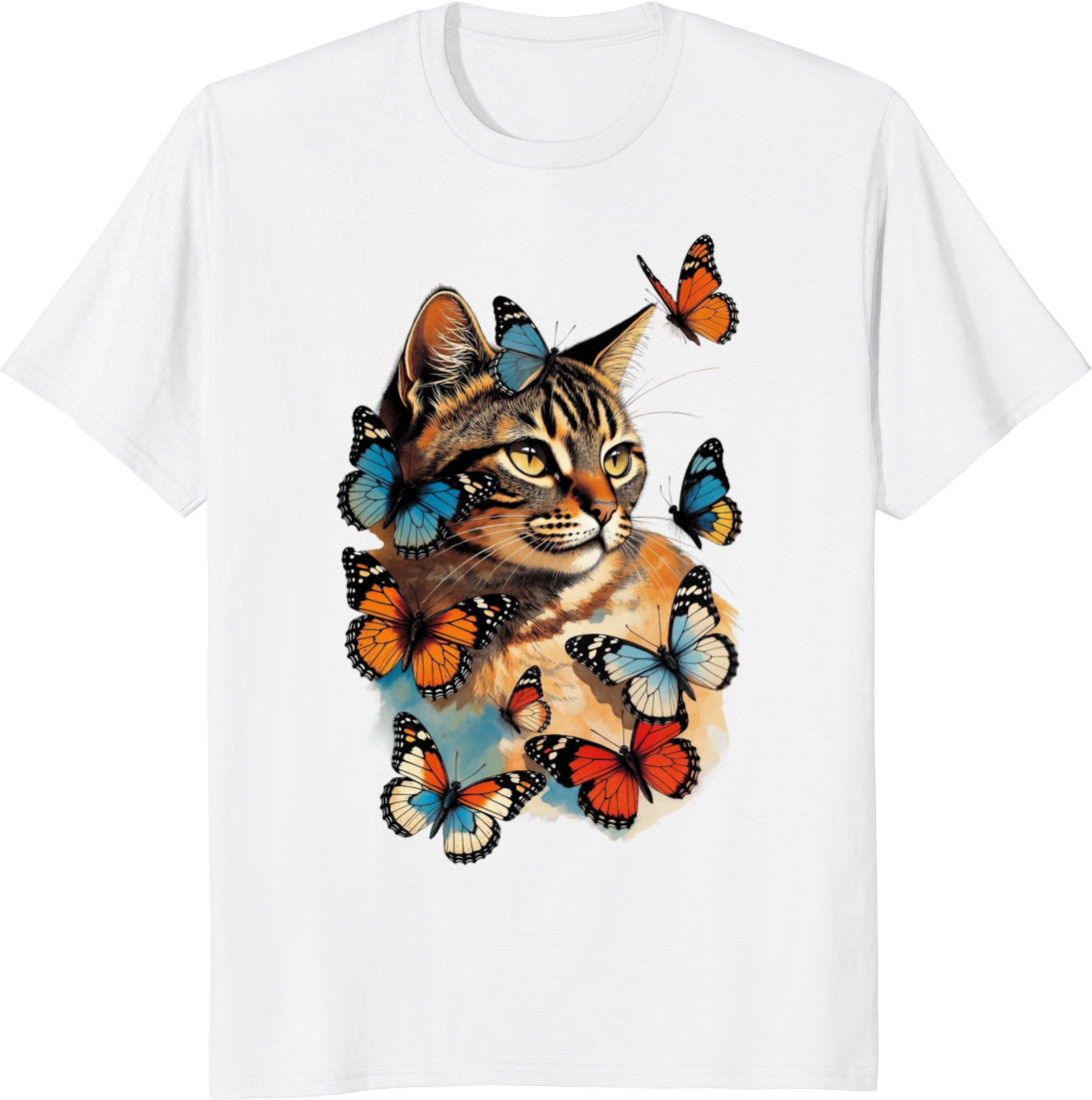 Funny cat with butterflies retro graphic on a t-shirt - white