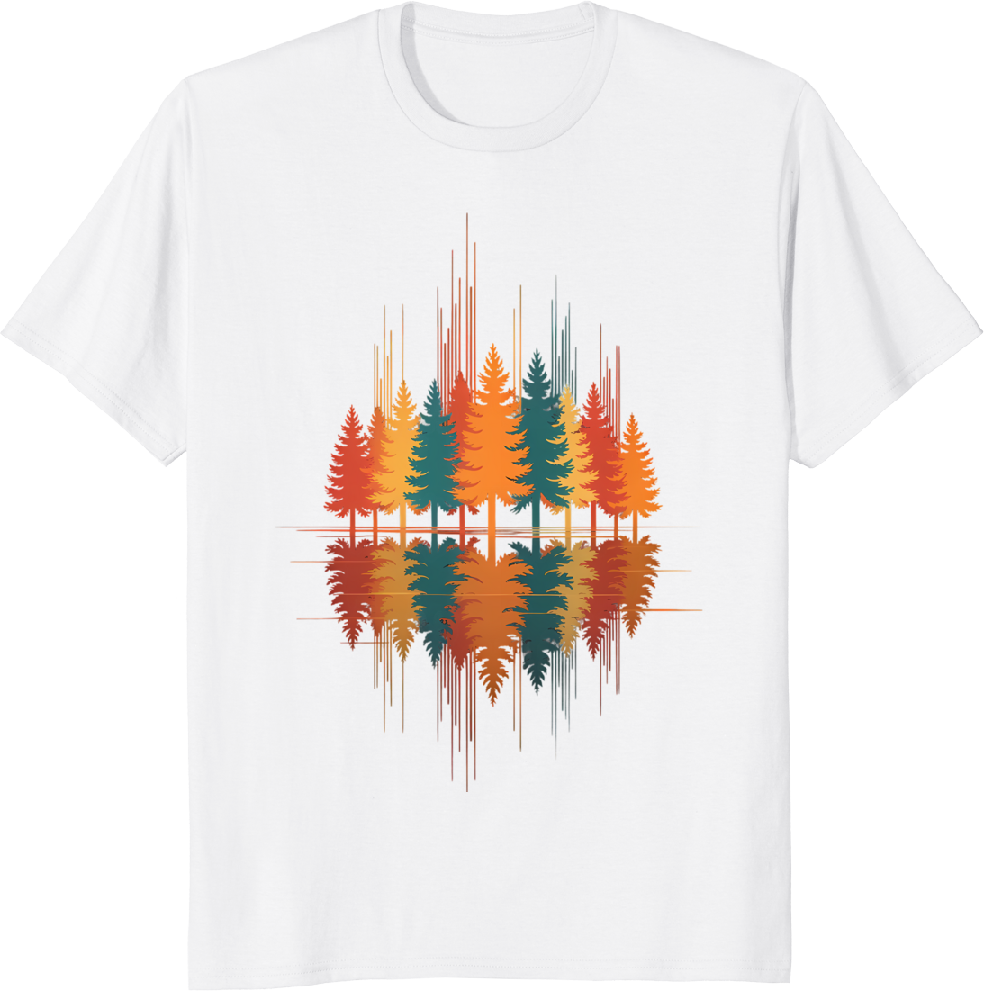 Retro pine forest graphic with lake reflection on a t-shirt - white