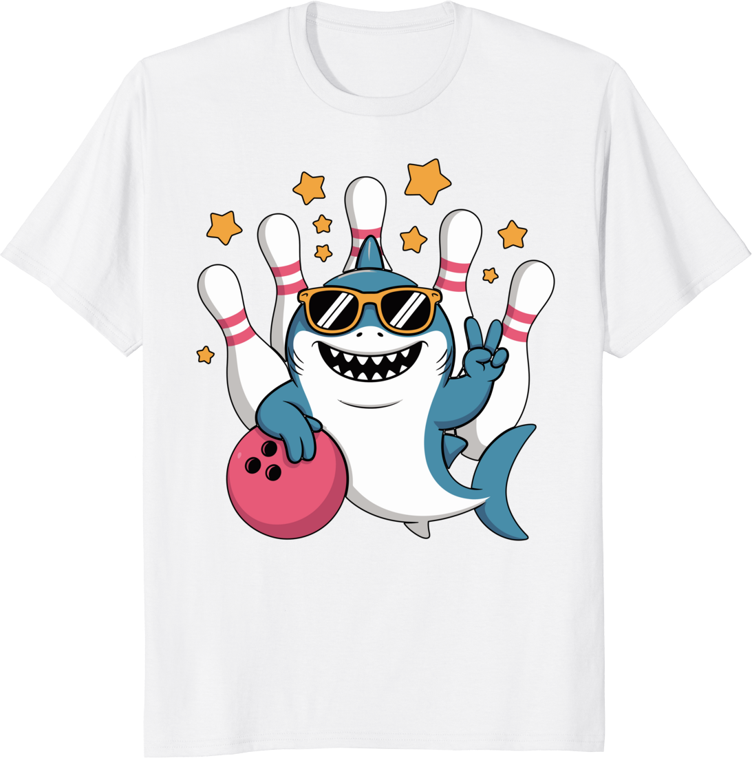 Funny shark bowling ball and pins on a t‑shirt - white