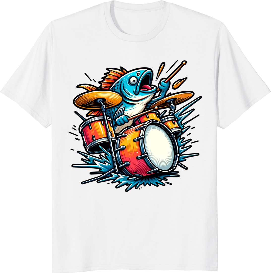 Cartoon fish playing drums on a t-shirt design - white