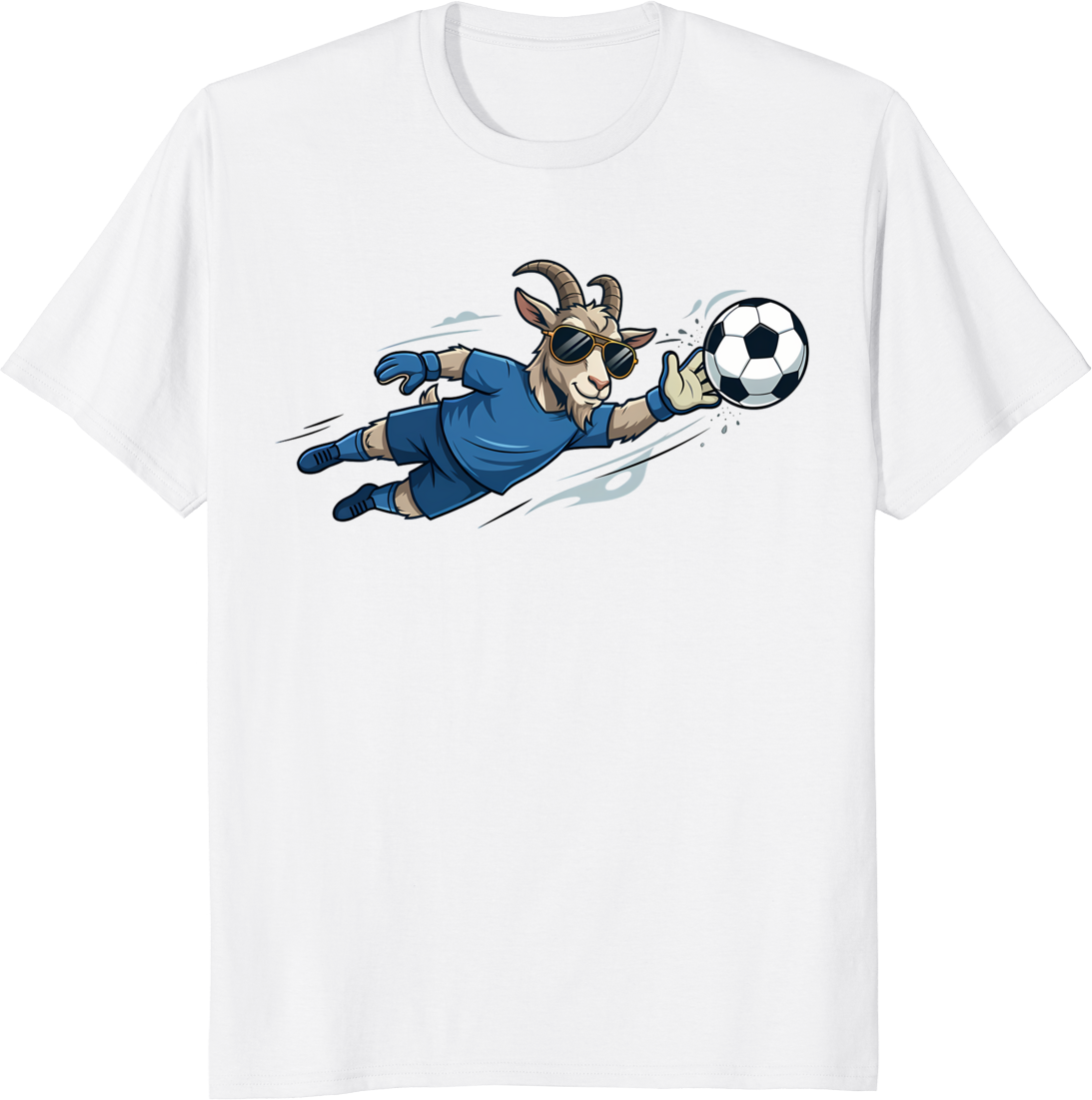 Cartoon goat wearing sunglasses playing soccer as a goalkeeper on a t-shirt - white