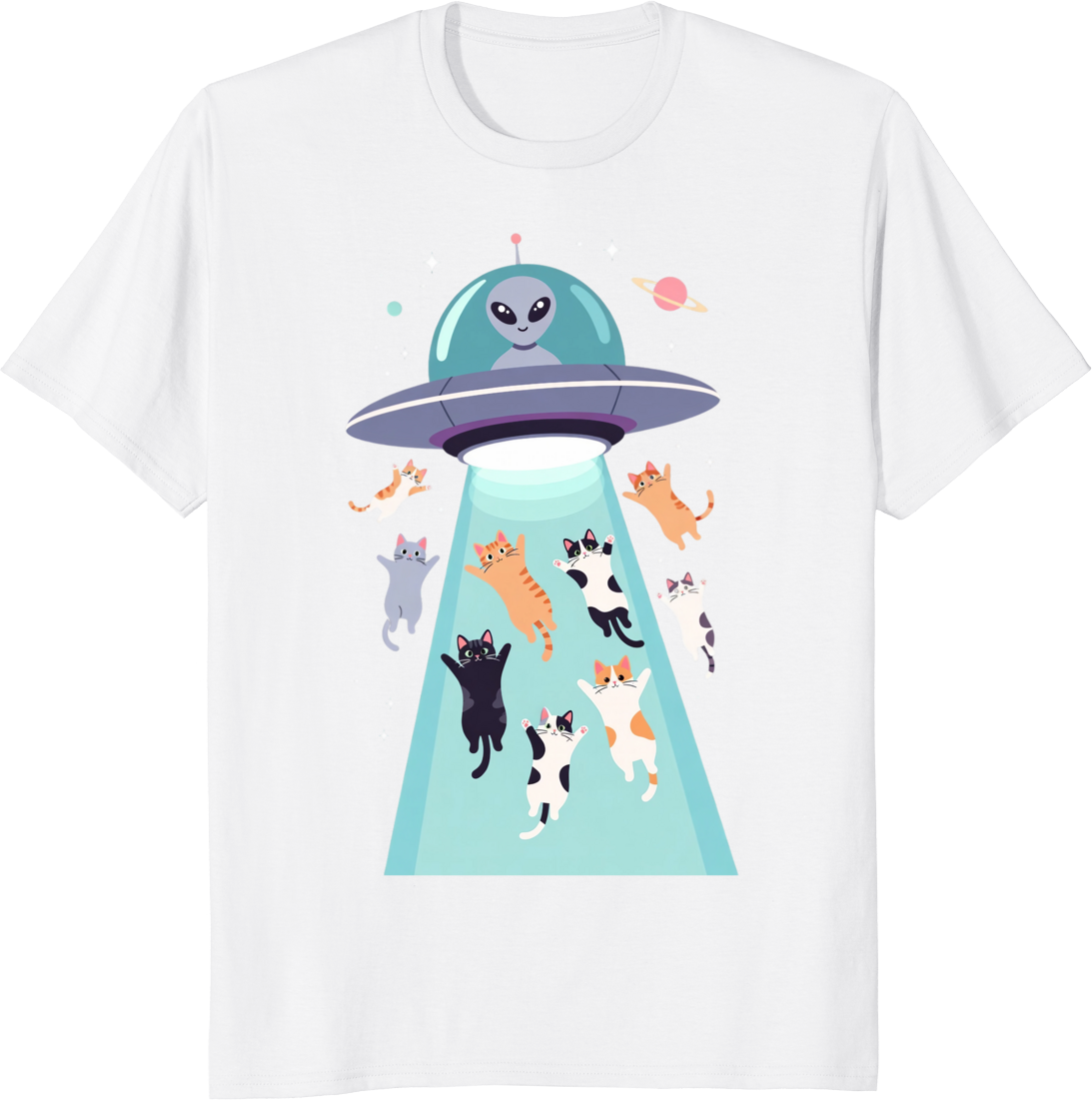 Funny cats flying in a UFO retro space design on a T-shirt - white