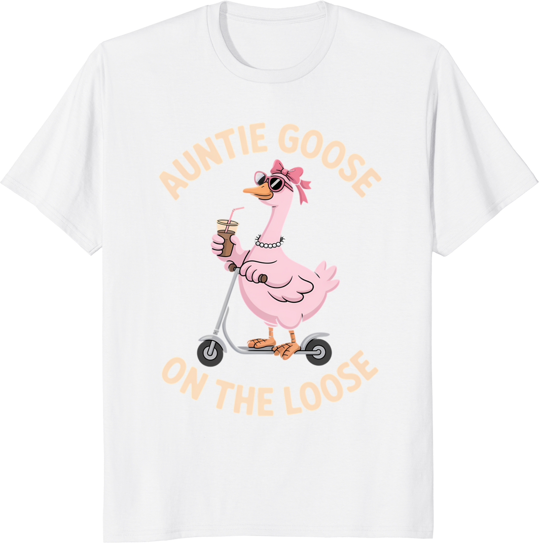 Cool Pink Auntie Goose riding a scooter on a t‑shirt - white