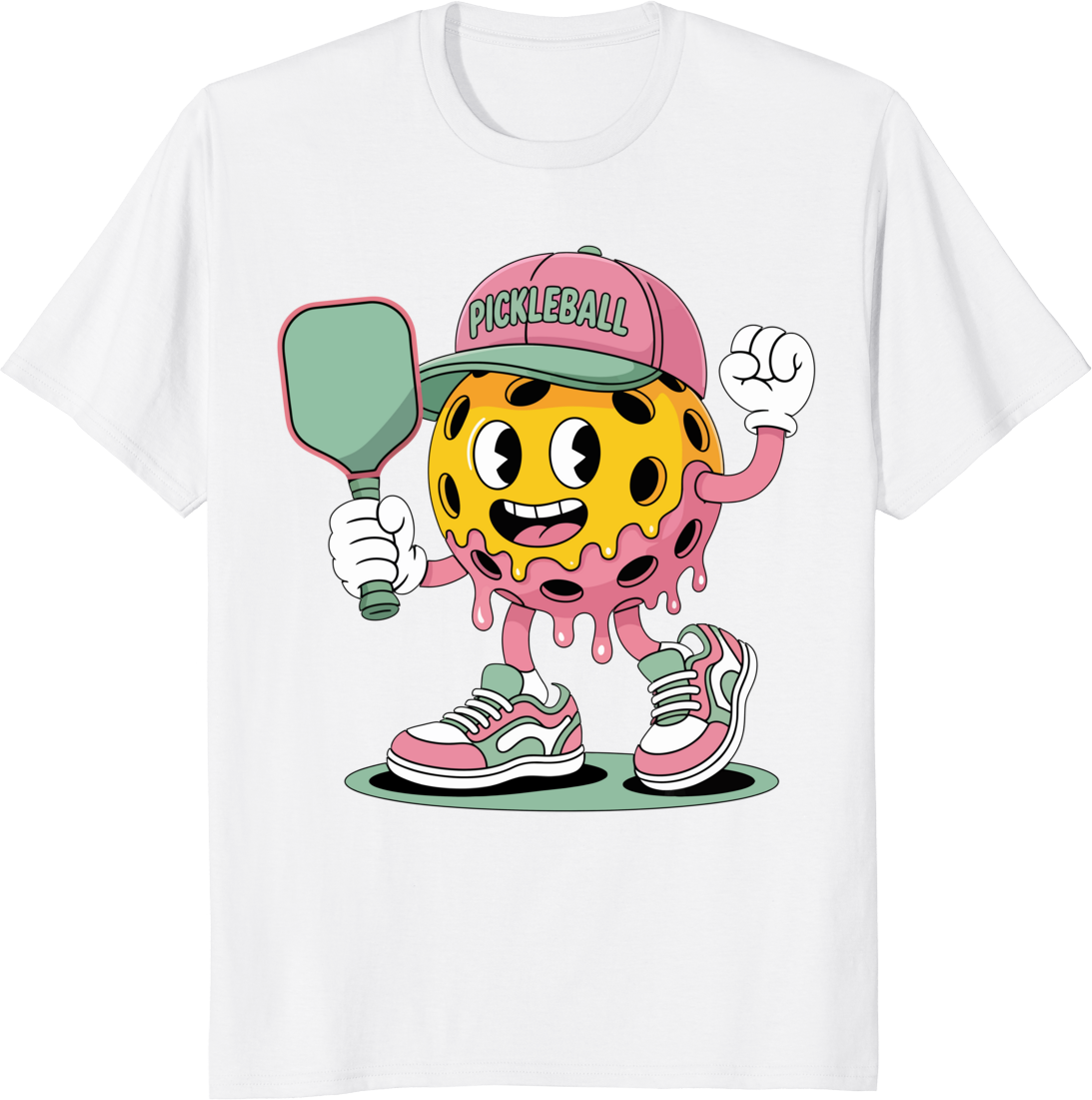 Funny pickleball ball ice cream with paddle retro cartoon T-shirt design - white