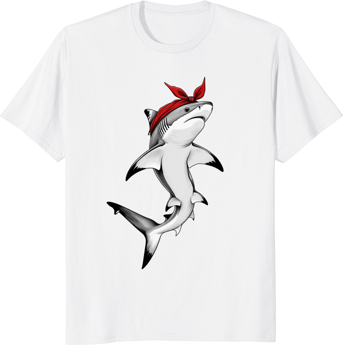 Shark wearing a red bow bandana on a T‑shirt - white