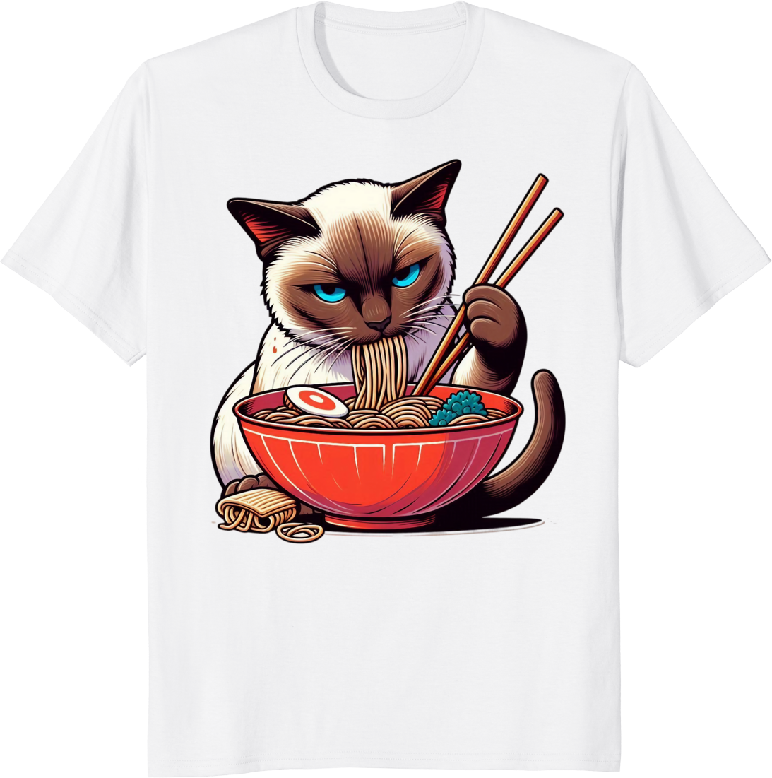 Funny cat eating ramen kawaii siamese cat anime graphic on a t-shirt - white