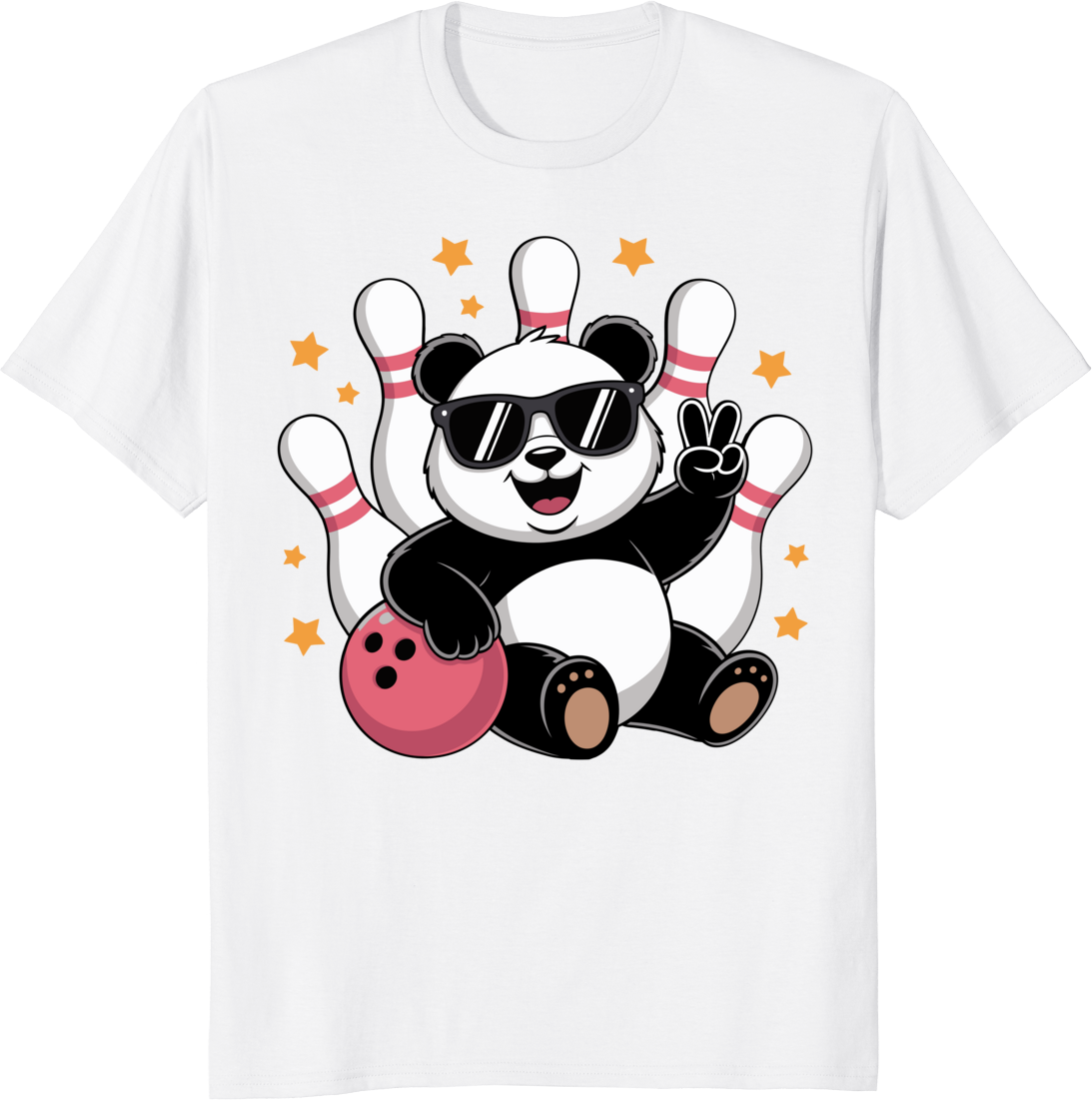 Funny panda rolling a bowling ball on a t-shirt graphic - white
