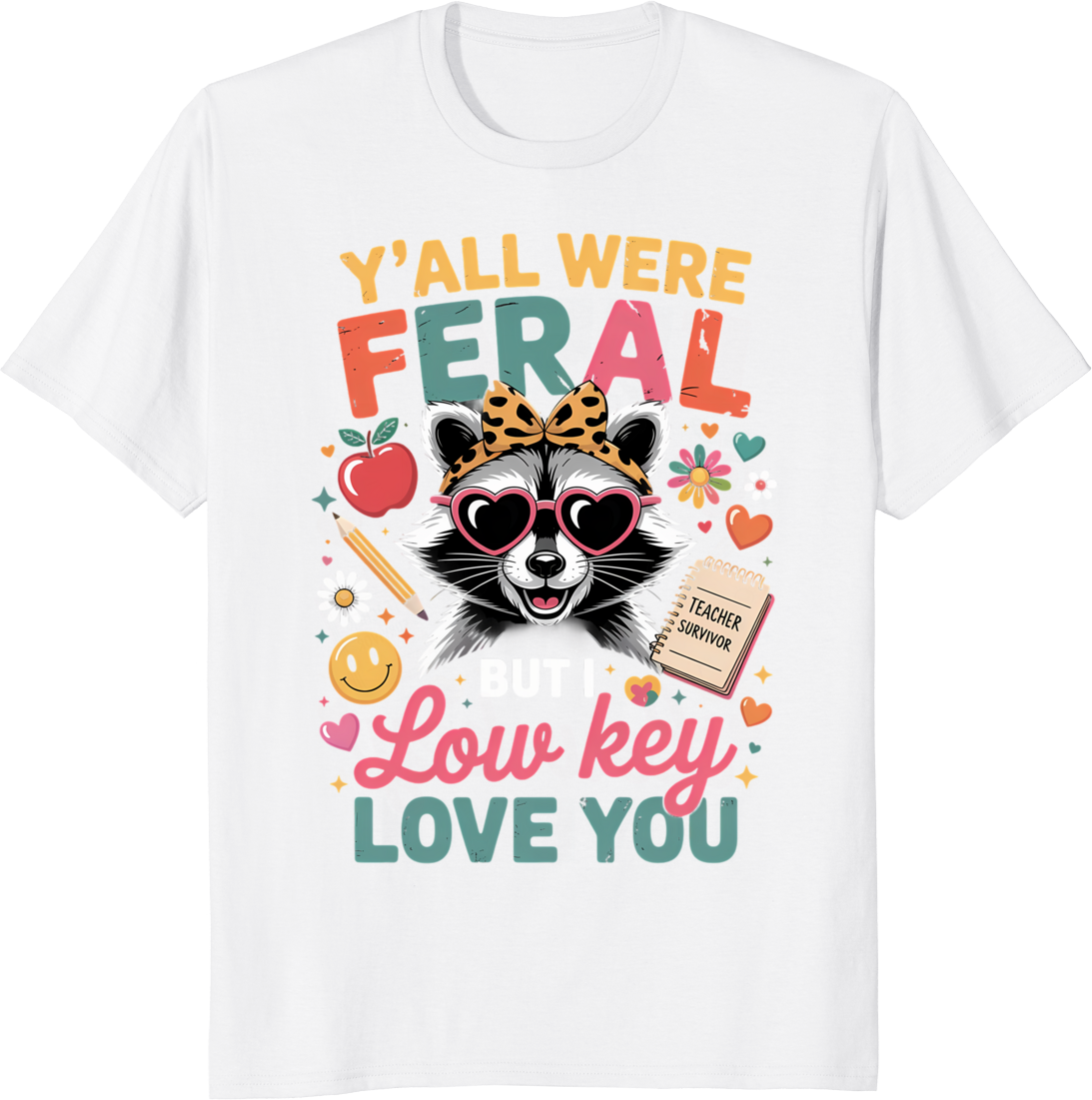 Raccoon Teacher T-Shirt with a raccoon wearing a teacher badge - white