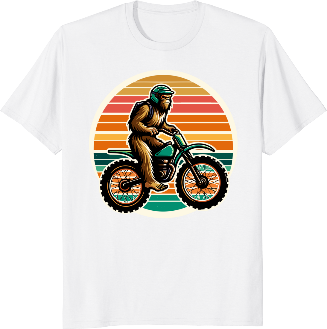 Bigfoot riding a dirtbike on a retro sunset background, printed on a T-shirt. - white