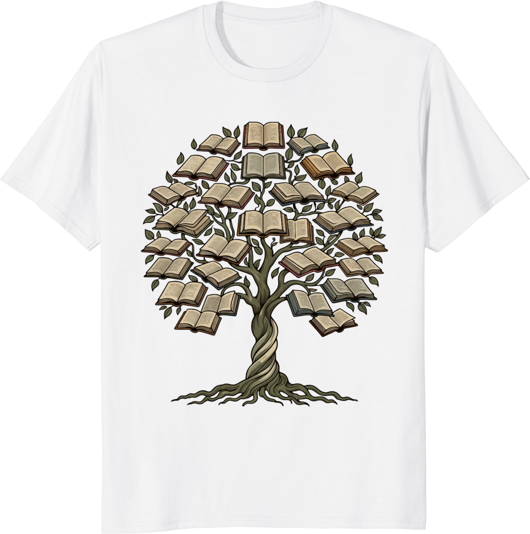 Book lover t-shirt featuring a tree growing from books on a soft cotton tee - white