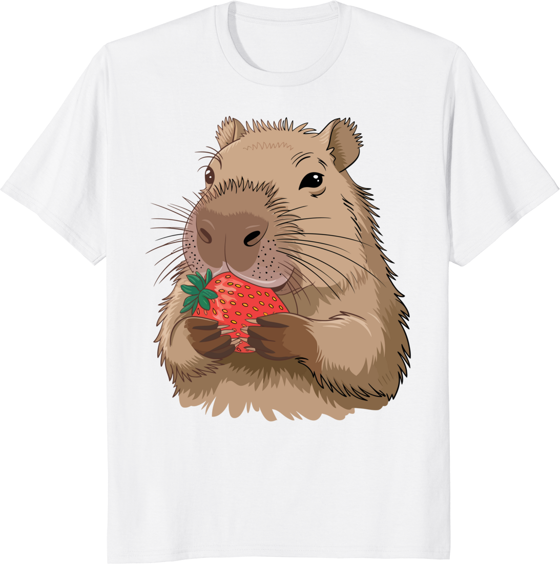 Capybara eating a strawberry on a t-shirt graphic. - white