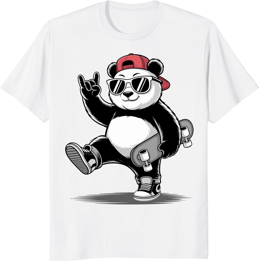 Funny panda skateboarding T-shirt with rock hand pose on a white tee - white