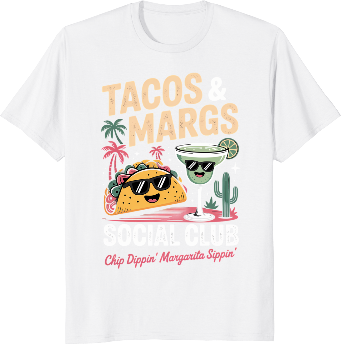 Cartoon taco and margarita character t-shirt design - white