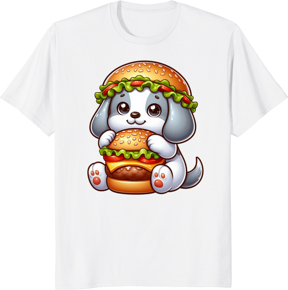 Cute dog eating a cheeseburger on a t-shirt - white
