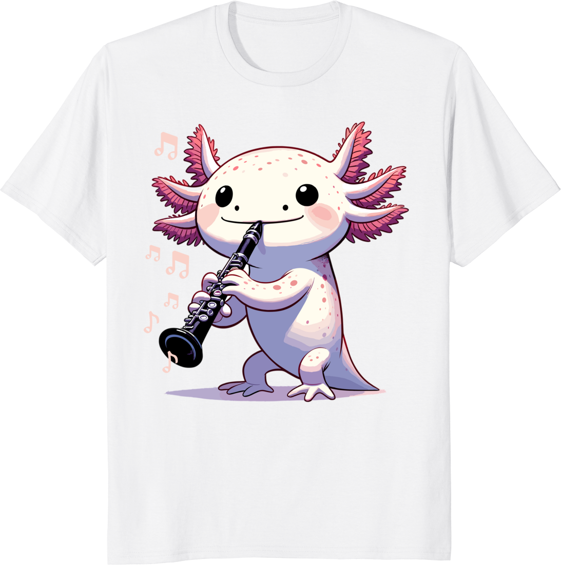 Cute pink kawaii axolotl playing clarinet t-shirt design - white
