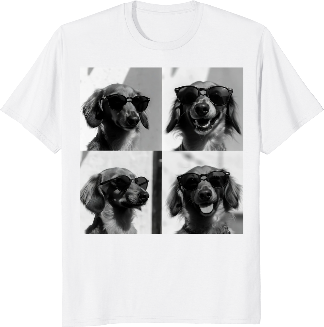 Unisex t-shirt featuring a Dachshund wearing sunglasses taking a selfie in a photobooth. - white