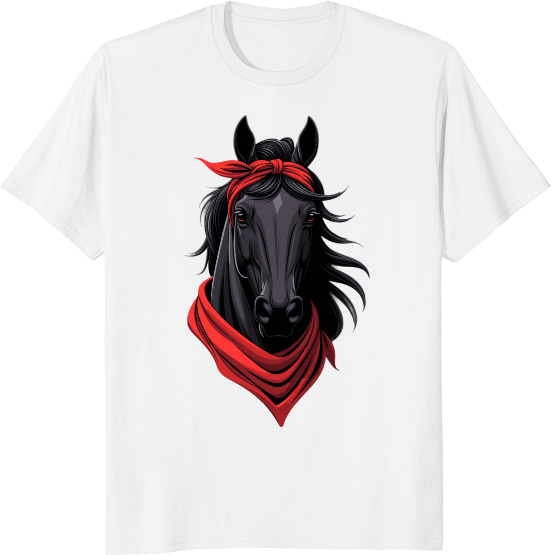 Black horse wearing a bow bandana on a t-shirt - white