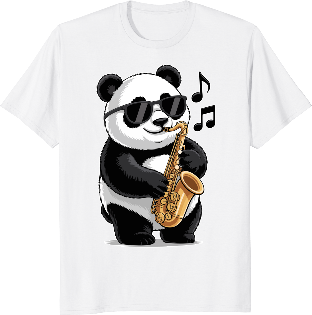 Funny panda playing saxophone on a t-shirt. - white