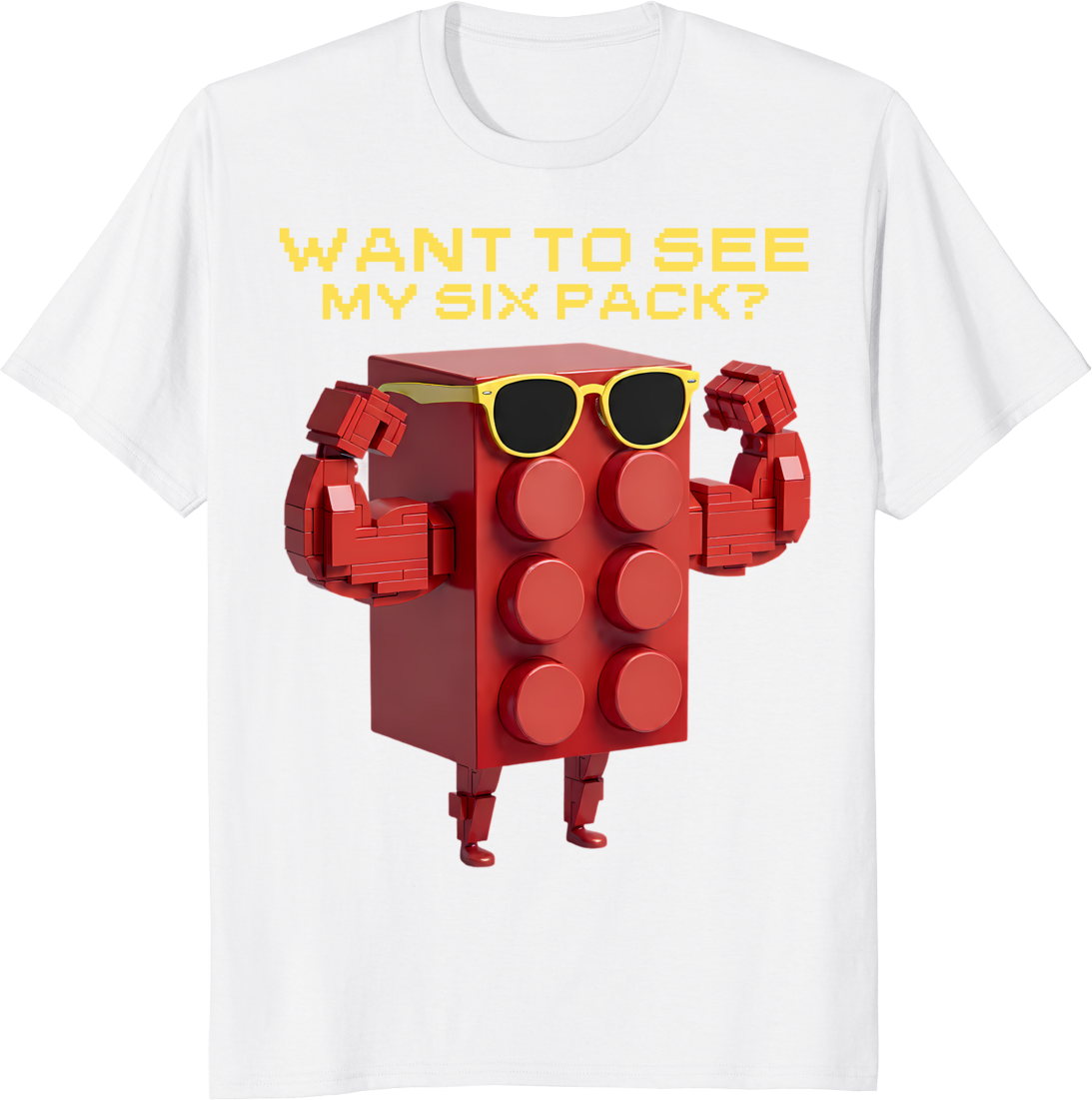 Red building block character with six-pack bricks t-shirt design - white