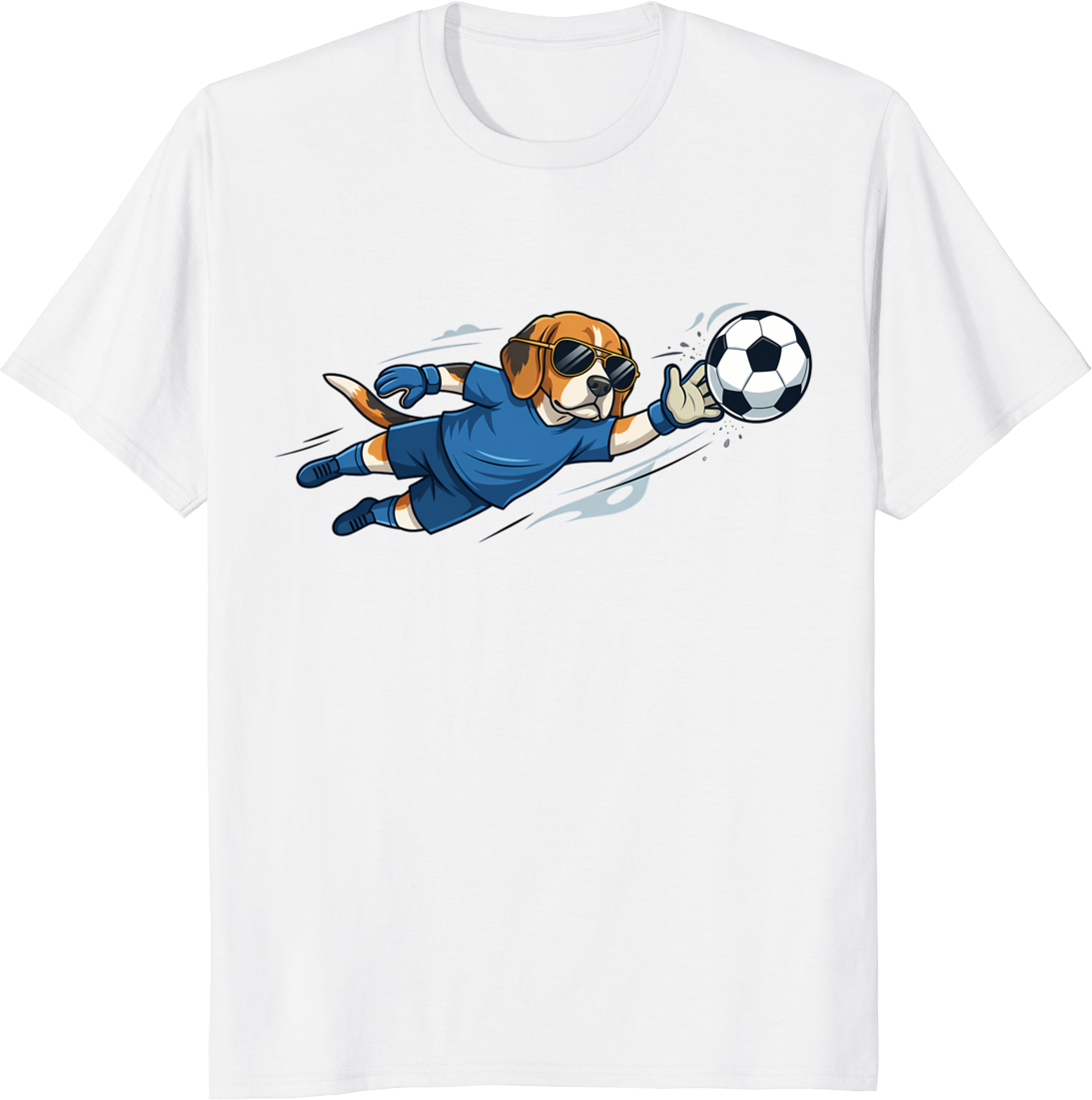 Cartoon dog goalkeeper wearing sunglasses on a t-shirt - white