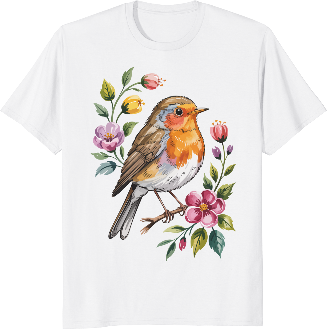 Cute robin bird with flowers graphic on a t-shirt - white
