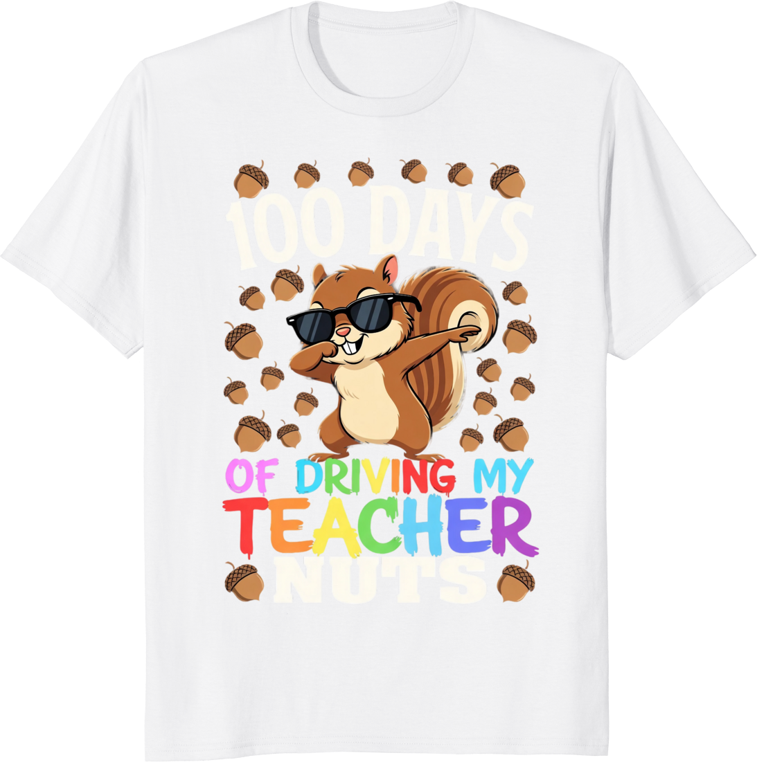 Squirrel cartoon driving a teacher with a school theme printed on a t-shirt - white