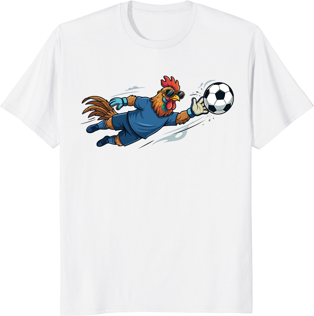 Funny rooster wearing sunglasses as a soccer goalkeeper t-shirt design. - white