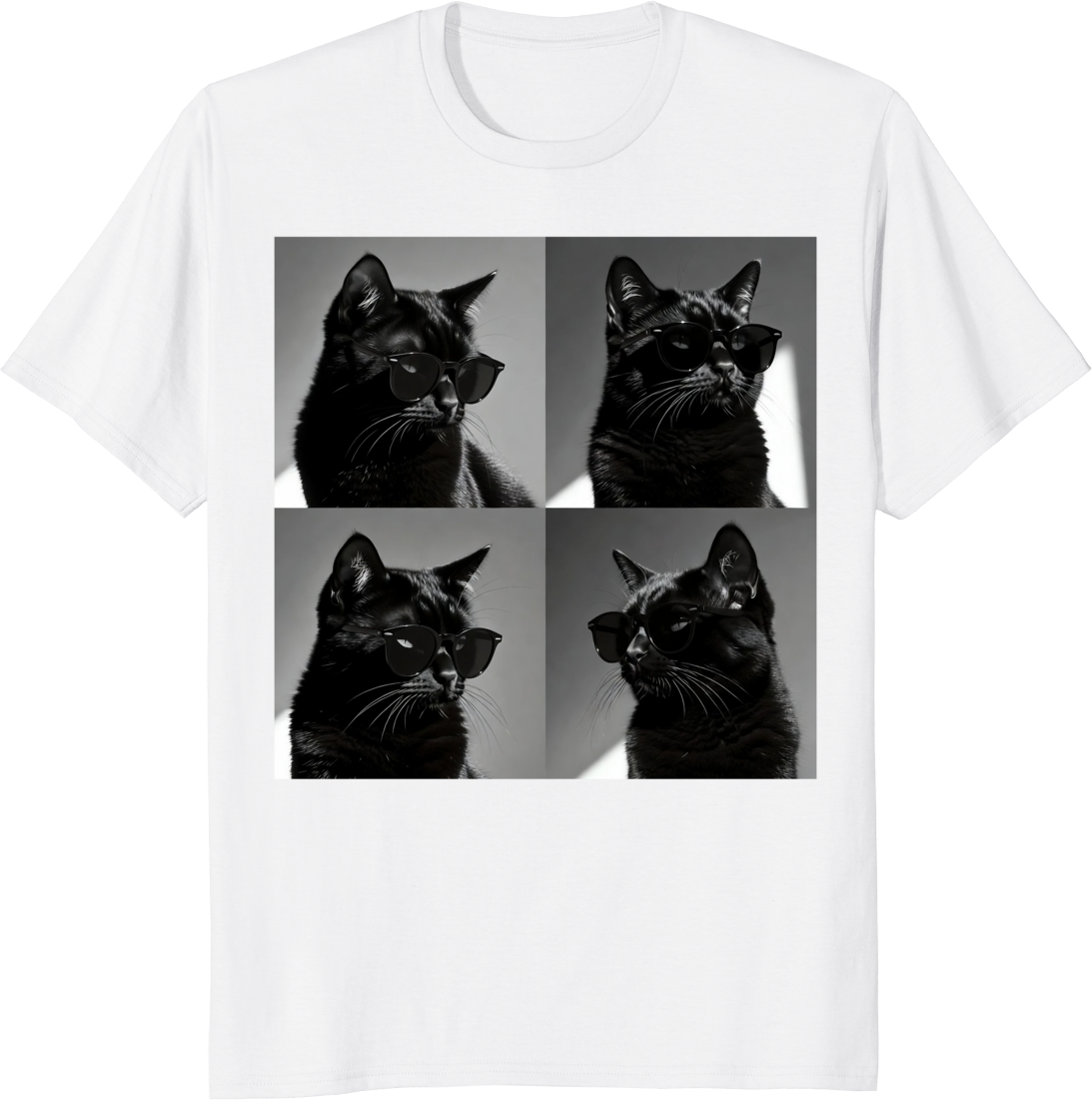 Funny black cat vintage photobooth selfie 4-panel art t-shirt design - white