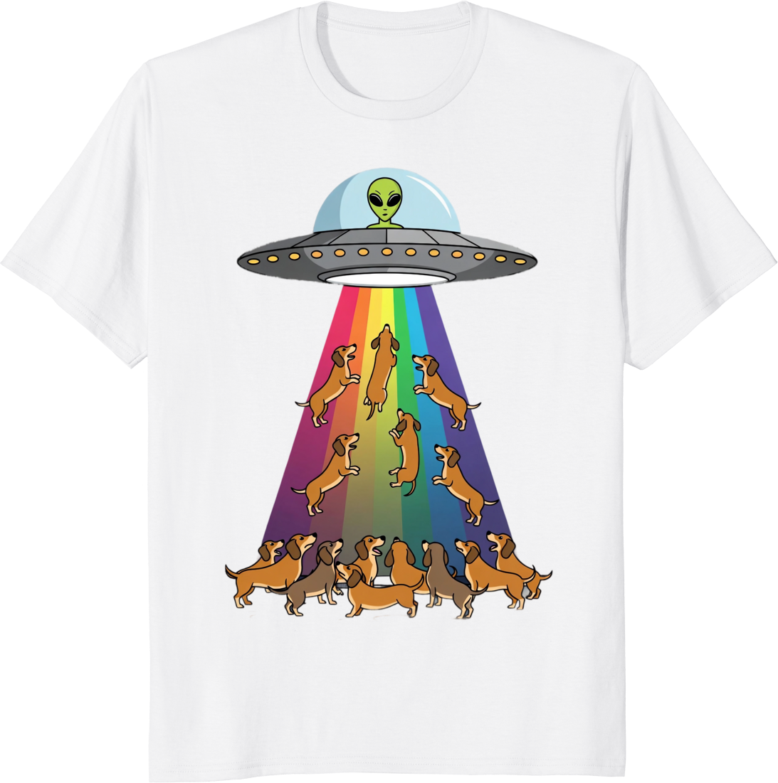 Funny dachshund dog with UFO and rainbow graphic on a t-shirt - white