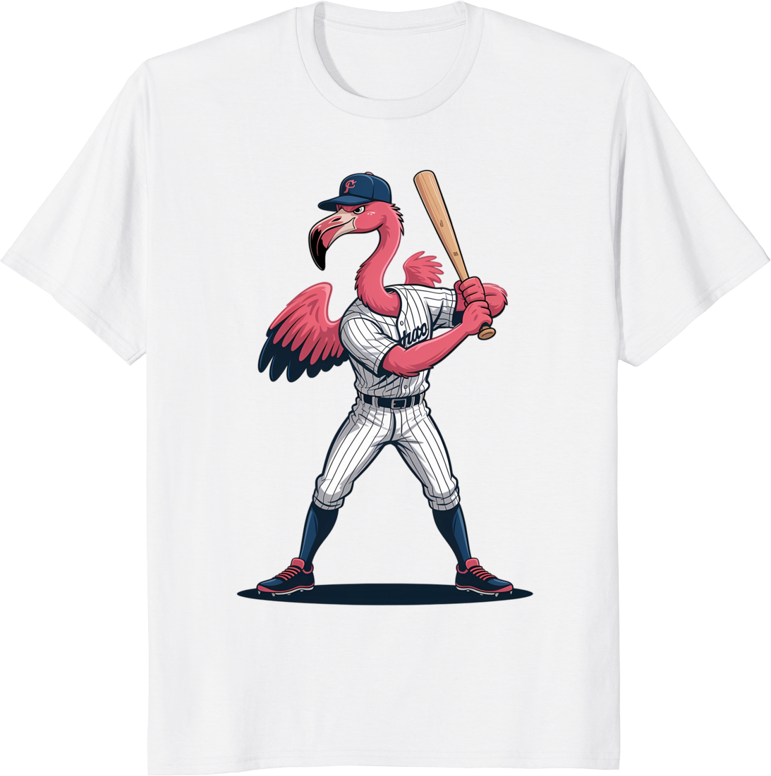 Pink flamingo baseball player t-shirt with cartoon flamingo holding bat - white