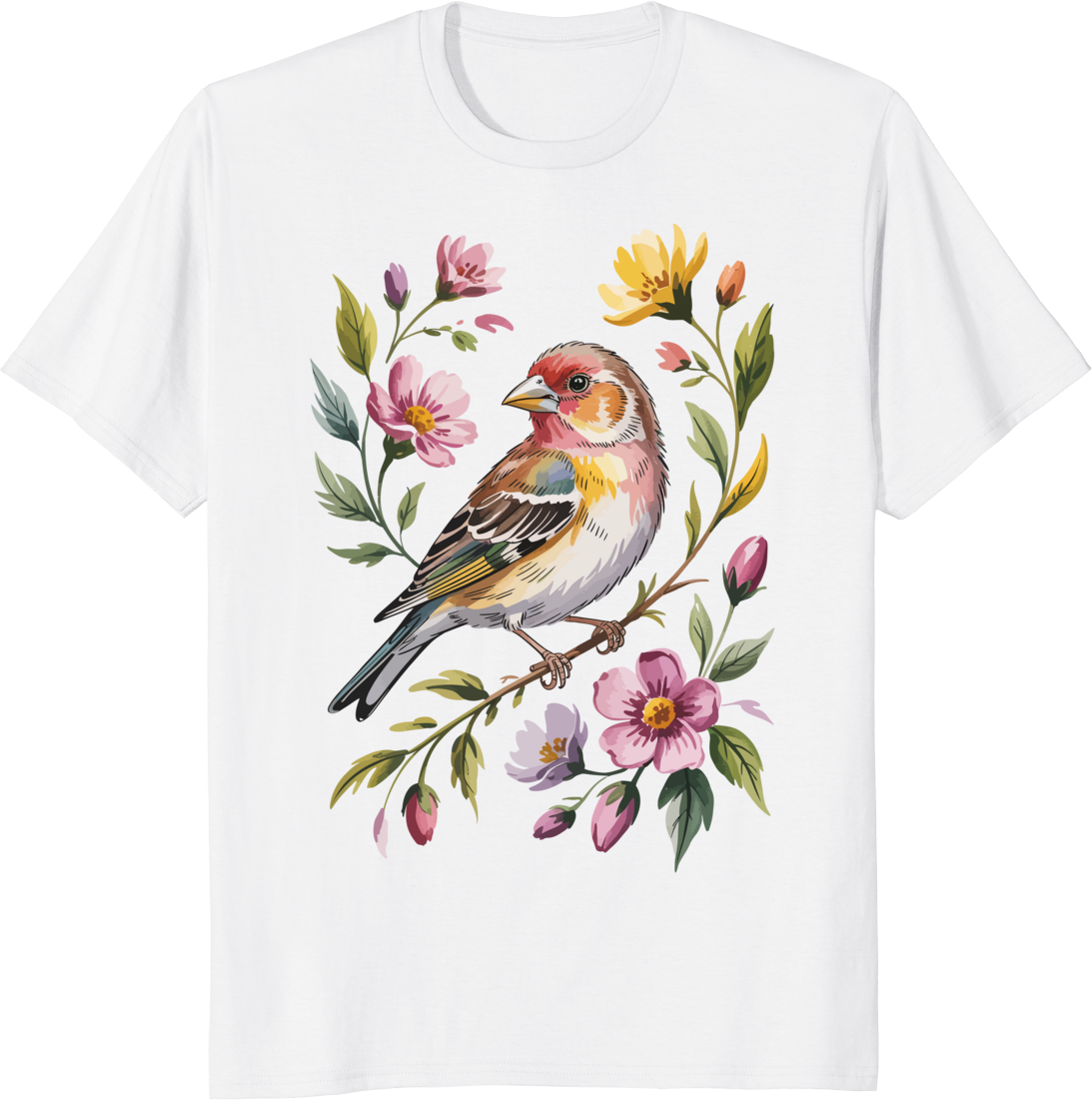 Cute bird graphic t-shirt with finch and flowers - white