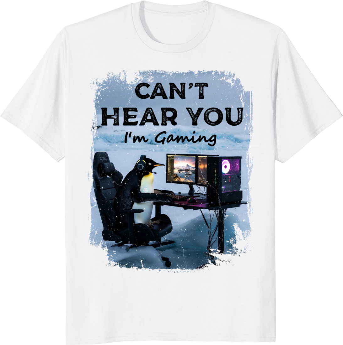 Unisex T‑shirt with a funny lone penguin gaming illustration on front. - white