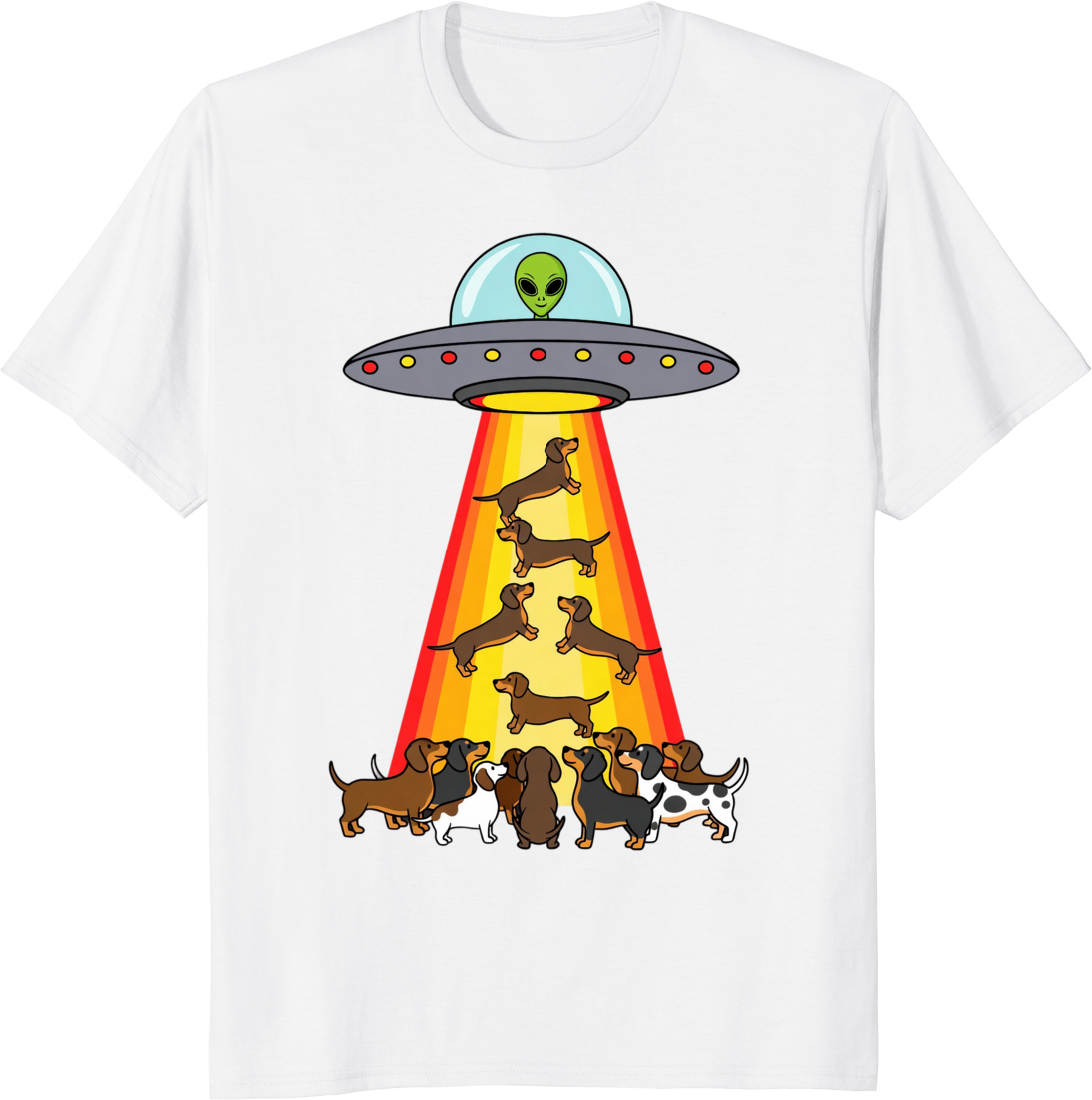 Funny UFO Dachshund design on a T-shirt - white